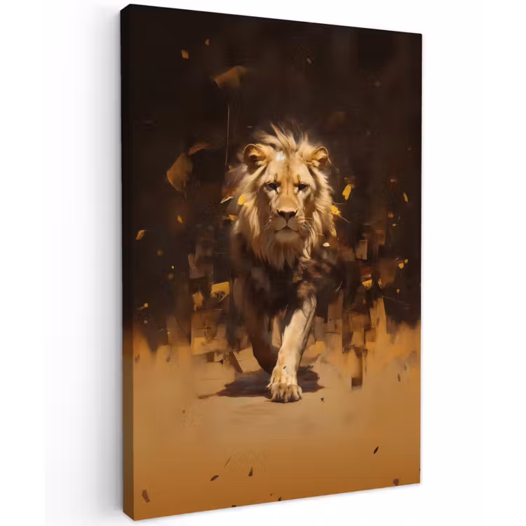 Leeuw - Geschilderd - Abstract - Goud Tuinposter op houten frame 2 cm dik klein -3d