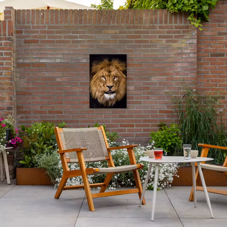 Leeuw - Portret - Zwart - Dieren Tuinposter op houten frame 2 cm dik klein -sfeer3