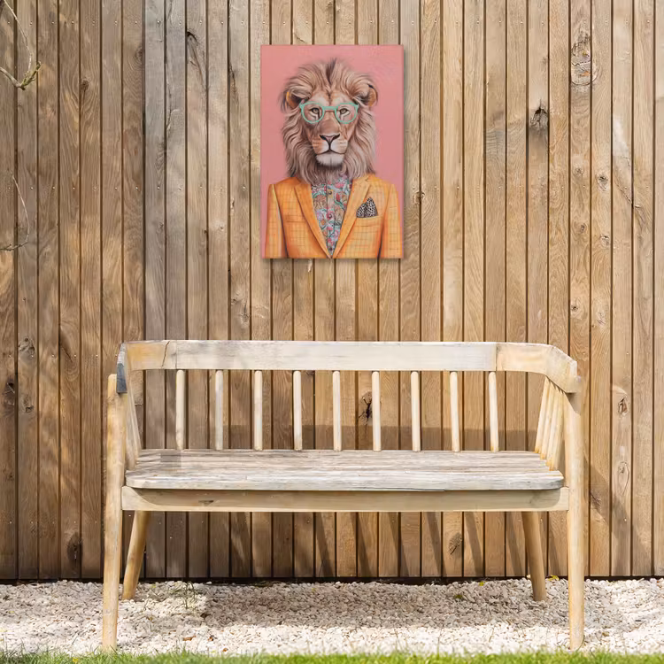 Leeuw - Pak - Geruit - Bril Tuinposter op houten frame 2 cm dik klein -sfeer4