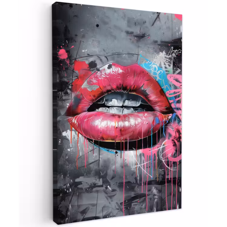 Lippen - Felroze - Graffiti - Verfstrepen Tuinposter op houten frame 2 cm dik klein -3d