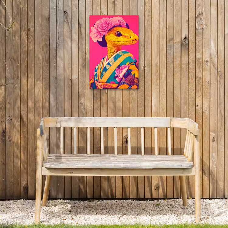 Hagedis - Bloemen - Roze - Kimono Tuinposter op houten frame 2 cm dik klein -sfeer4