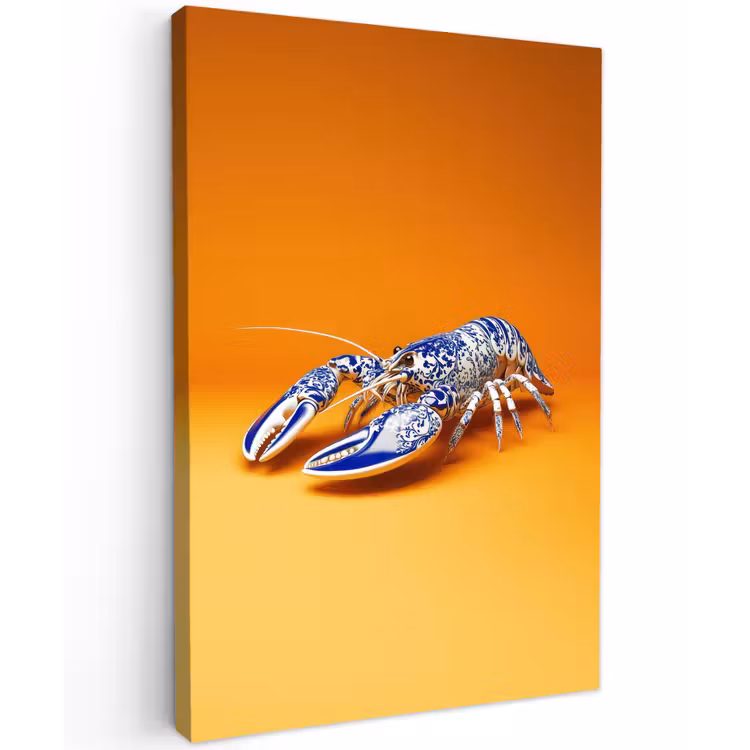 Kreeft - Delftsblauw - Schild - Stoer - Oranje Tuinposter op houten frame 2 cm dik klein -3d
