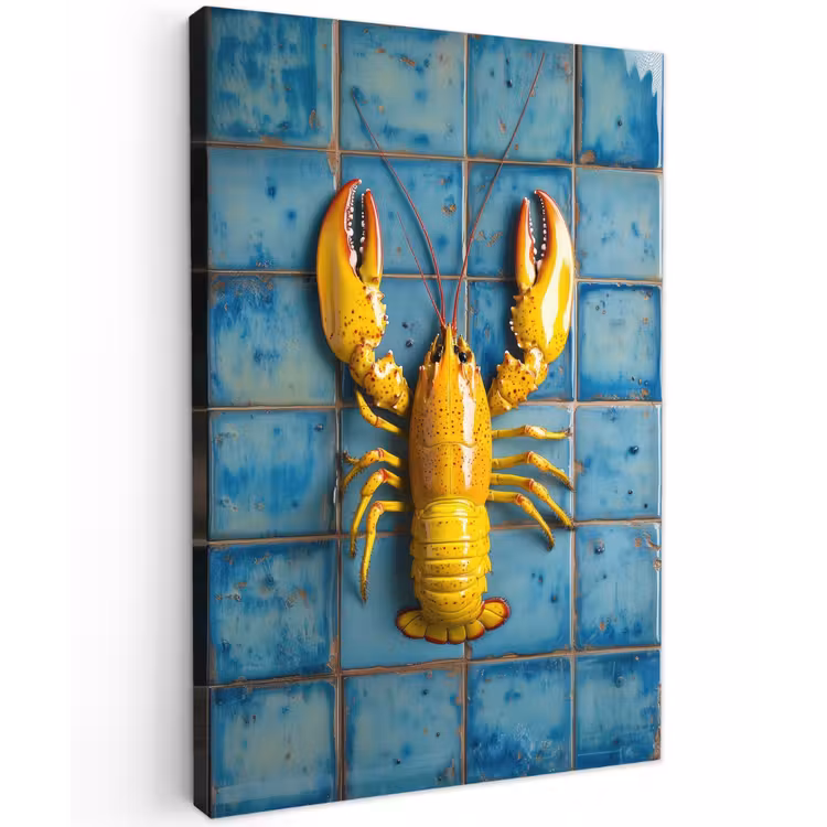 Kreeft - Geel - Blauw - Tegels Tuinposter op houten frame 2 cm dik klein -3d
