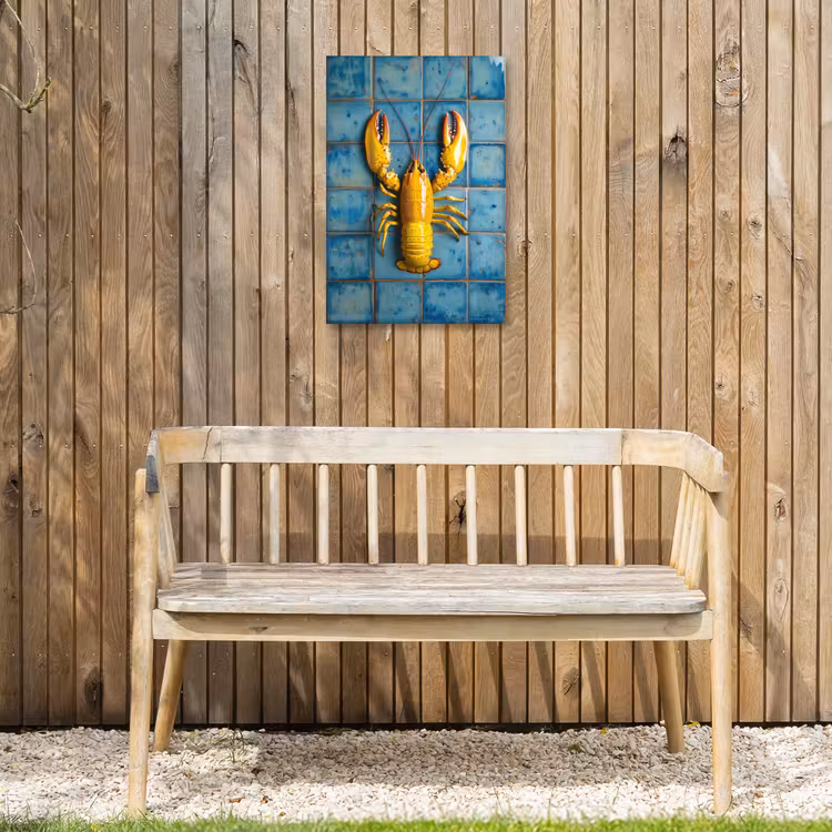 Kreeft - Geel - Blauw - Tegels Tuinposter op houten frame 2 cm dik klein -sfeer4