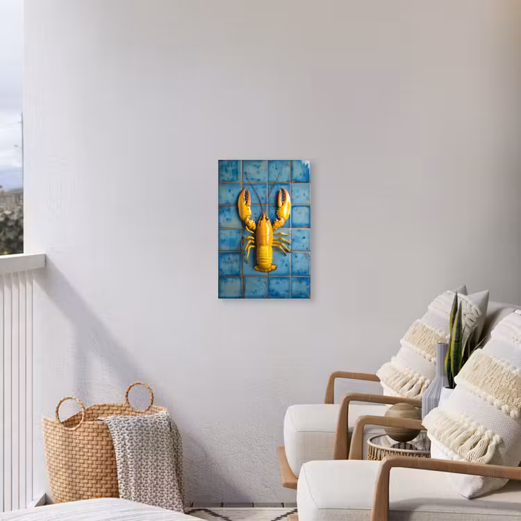 Kreeft - Geel - Blauw - Tegels Tuinposter op houten frame 2 cm dik klein -sfeer1