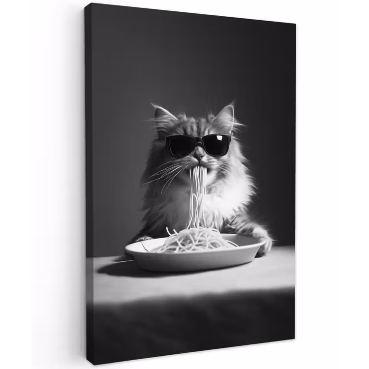 Langharige kat - Zonnebril - Spaghetti - Humor - Zwart - wit Tuinposter op houten frame 2 cm dik klein -3d
