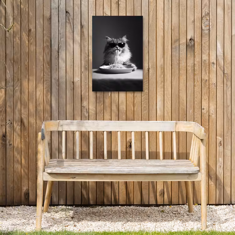 Langharige kat - Zonnebril - Spaghetti - Humor - Zwart - wit Tuinposter op houten frame 2 cm dik klein -sfeer4