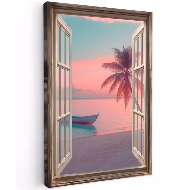 Doorkijk - Strand - Palmboom - Tropisch Tuinposter op houten frame 2 cm dik klein -3d