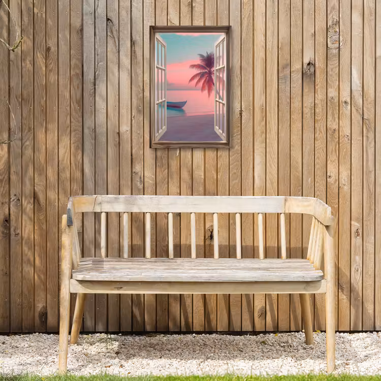 Doorkijk - Strand - Palmboom - Tropisch Tuinposter op houten frame 2 cm dik klein -sfeer4