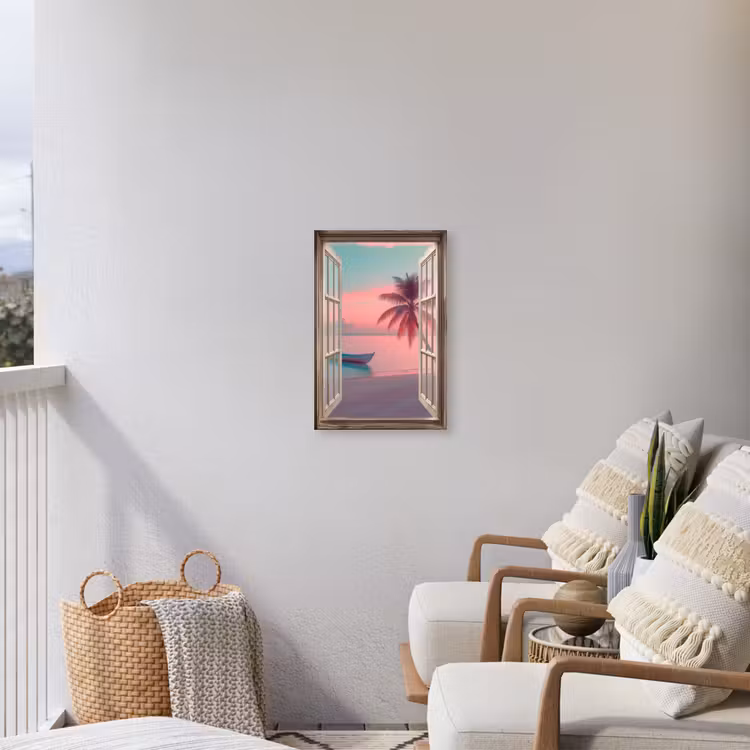 Doorkijk - Strand - Palmboom - Tropisch Tuinposter op houten frame 2 cm dik klein -sfeer1