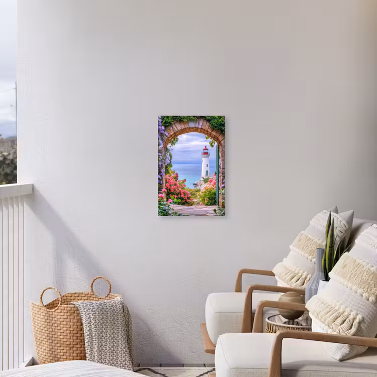 Doorkijk - Vuurtoren - Bloemen - Uitzicht Tuinposter op houten frame 2 cm dik klein -sfeer1
