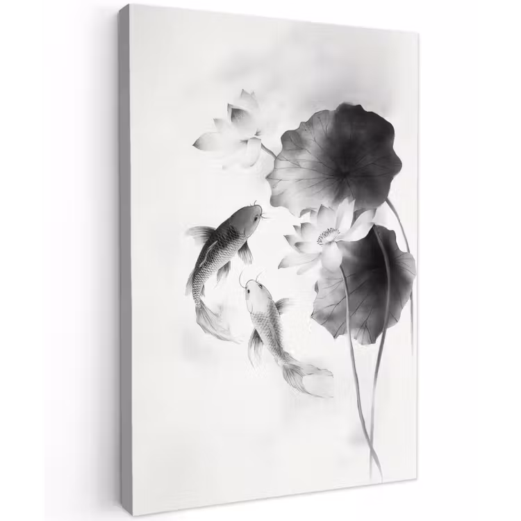 Lotusbloemen - Vissen - Bladeren - Zwart Tuinposter op houten frame 2 cm dik klein -3d