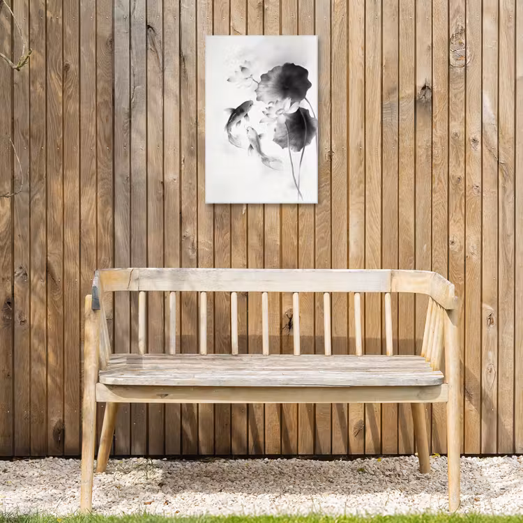 Lotusbloemen - Vissen - Bladeren - Zwart Tuinposter op houten frame 2 cm dik klein -sfeer4