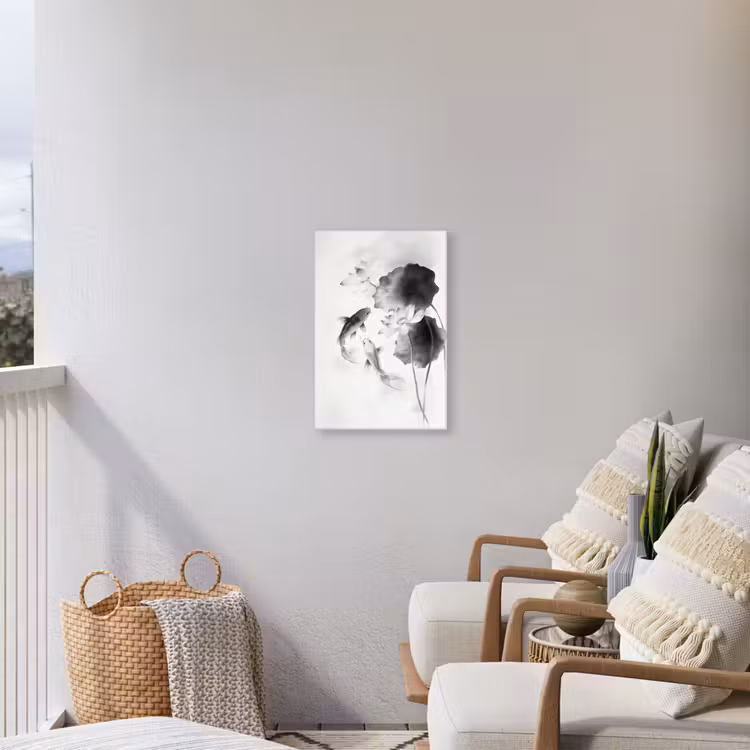 Lotusbloemen - Vissen - Bladeren - Zwart Tuinposter op houten frame 2 cm dik klein -sfeer1
