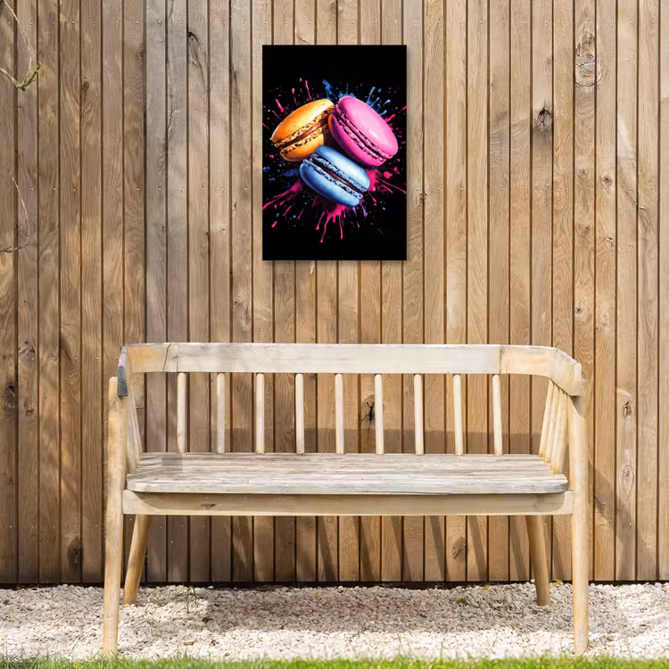 Macarons - Dessert - Graffiti - Kleurrijk - Roze - Blauw - Geel Tuinposter op houten frame 2 cm dik klein -sfeer4