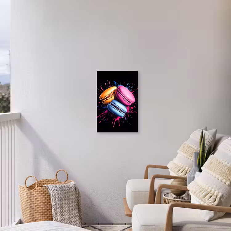 Macarons - Dessert - Graffiti - Kleurrijk - Roze - Blauw - Geel Tuinposter op houten frame 2 cm dik klein -sfeer1