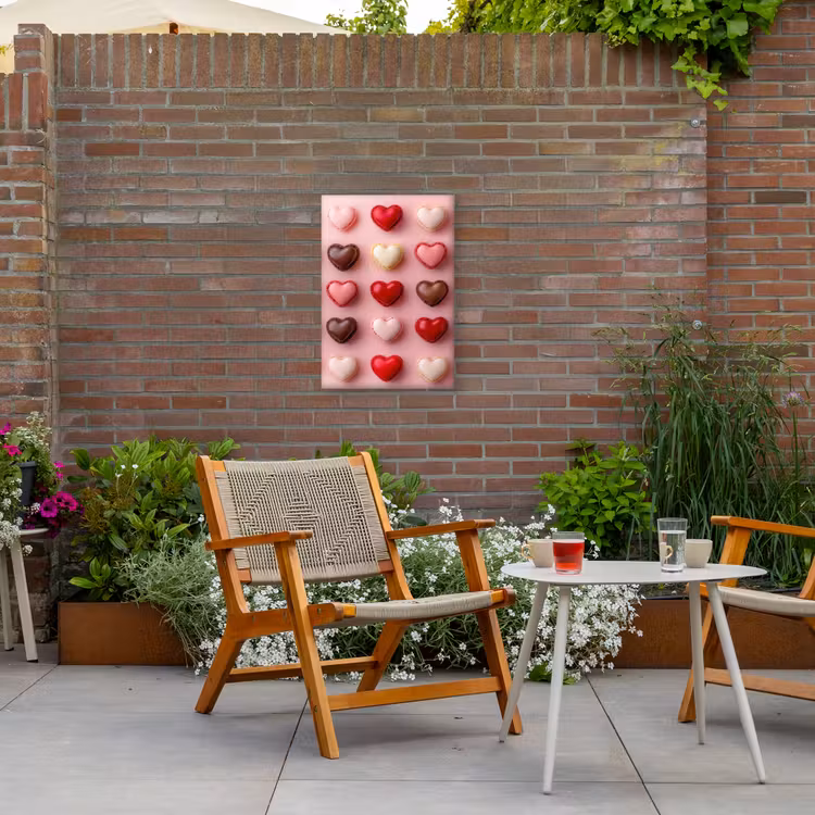 Macarons - Hartjes - Kleurrijk - Roze Tuinposter op houten frame 2 cm dik klein -sfeer3