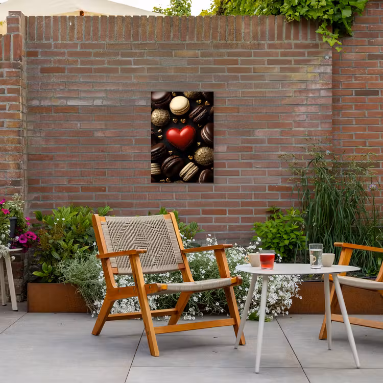 Macarons - Rood - Hart Tuinposter op houten frame 2 cm dik klein -sfeer3