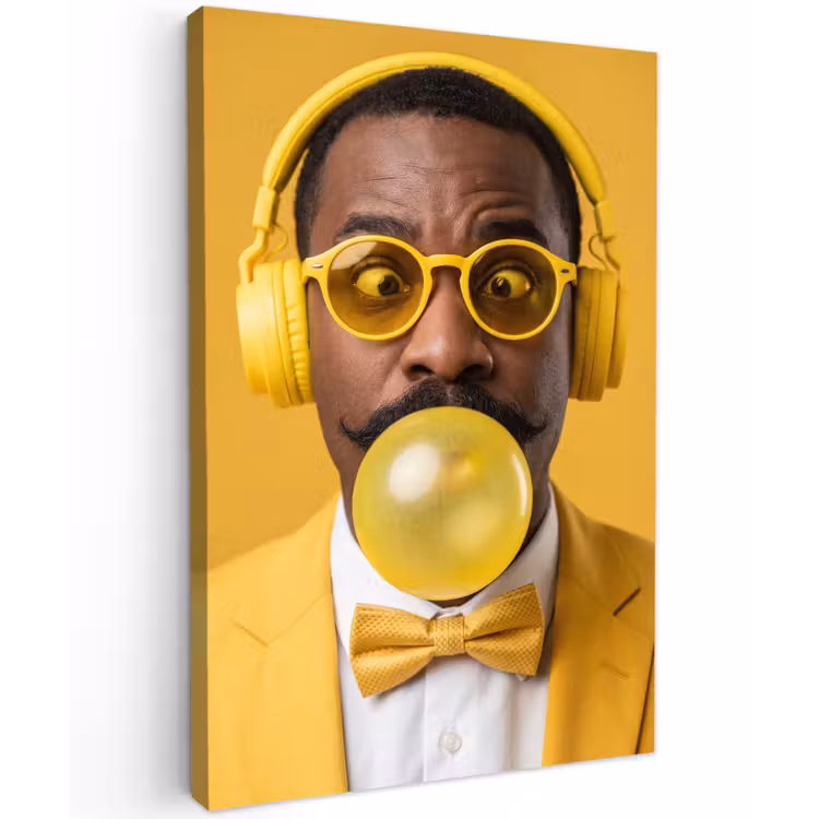 Man - Bubblegum - Portret - Geel - Modern Tuinposter op houten frame 2 cm dik klein -3d