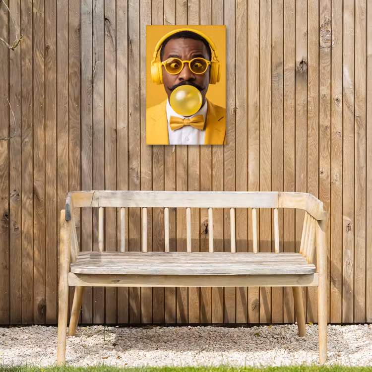 Man - Bubblegum - Portret - Geel - Modern Tuinposter op houten frame 2 cm dik klein -sfeer4