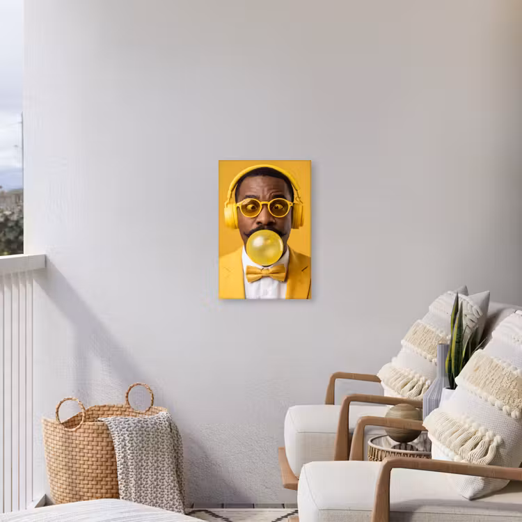 Man - Bubblegum - Portret - Geel - Modern Tuinposter op houten frame 2 cm dik klein -sfeer1