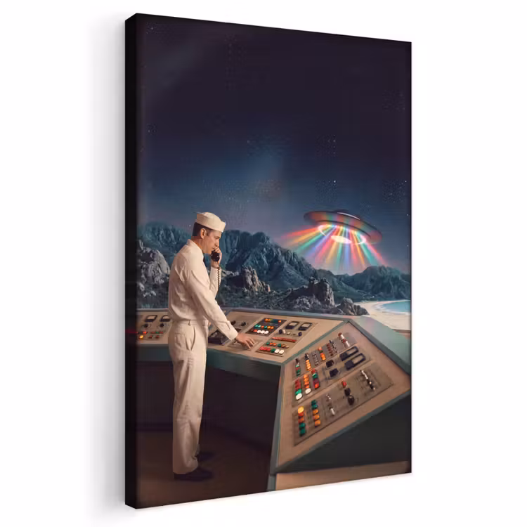 Outdoor Canvas Print - Man - Control Room - Beach - Man - Controlekamer - Strand Tuinposter op houten frame 2 cm dik klein