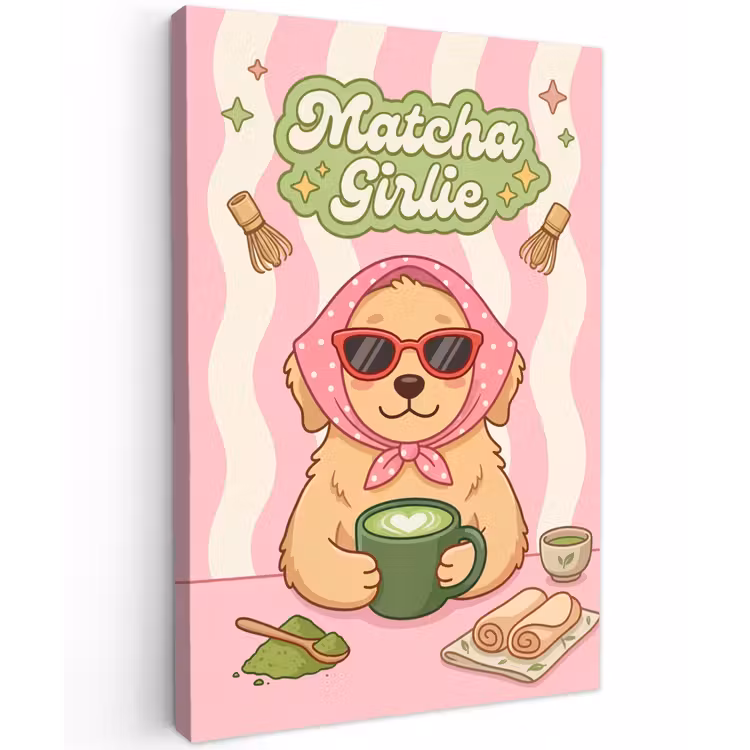 Matcha - Hond - Roze - Groen Tuinposter op houten frame 2 cm dik klein -3d