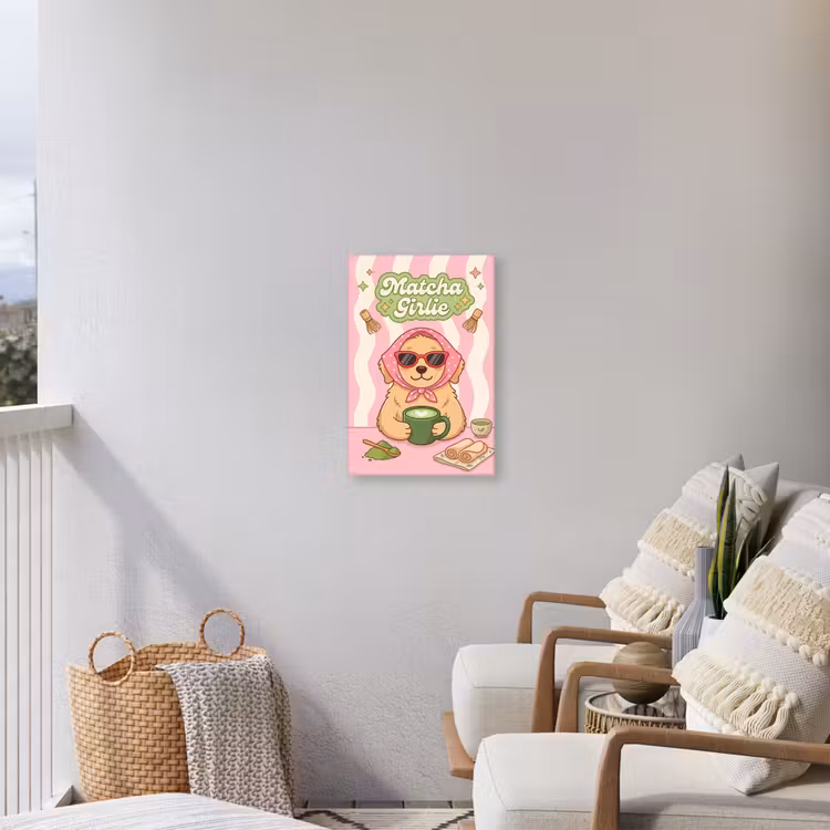 Matcha - Hond - Roze - Groen Tuinposter op houten frame 2 cm dik klein -sfeer1