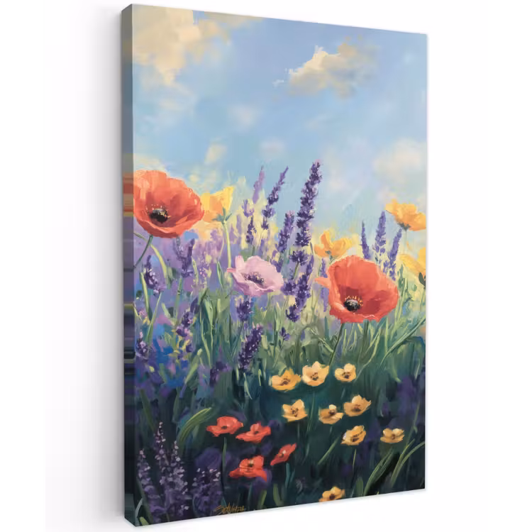 Weide - Bloemen - Kleurrijk Tuinposter op houten frame 2 cm dik klein -3d