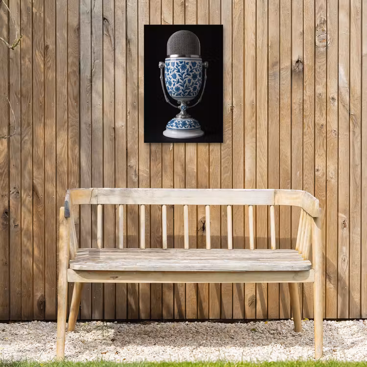 Microfoon - Delfts blauw - Muziek Tuinposter op houten frame 2 cm dik klein -sfeer4