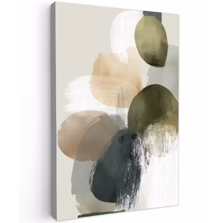 Minimalistisch - Cirkels - Penseelstreken - Beige Tuinposter op houten frame 2 cm dik klein -3d