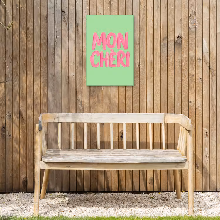 Mon cheri - Groen - Roze Tuinposter op houten frame 2 cm dik klein -sfeer4