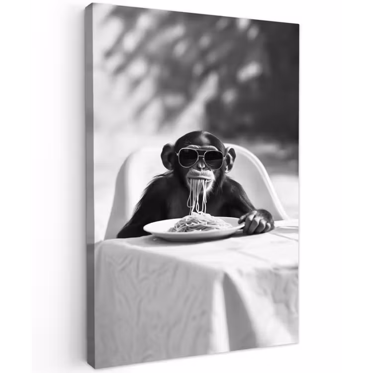 Aap - Spaghetti - Zonnebril - Zwart wit - Cool - Dier Tuinposter op houten frame 2 cm dik klein -3d