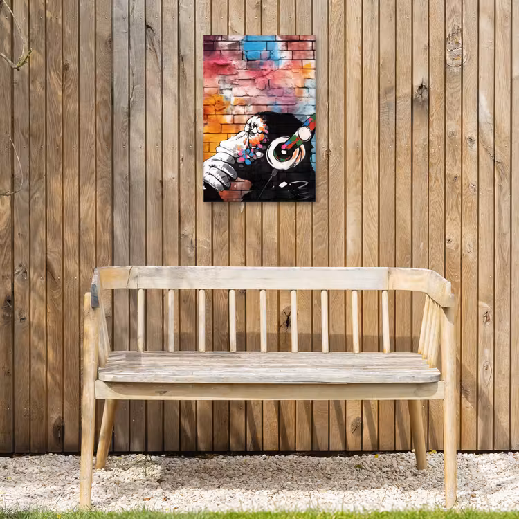 Aap met Koptelefoon Tuinposter op houten frame 2 cm dik klein -sfeer4