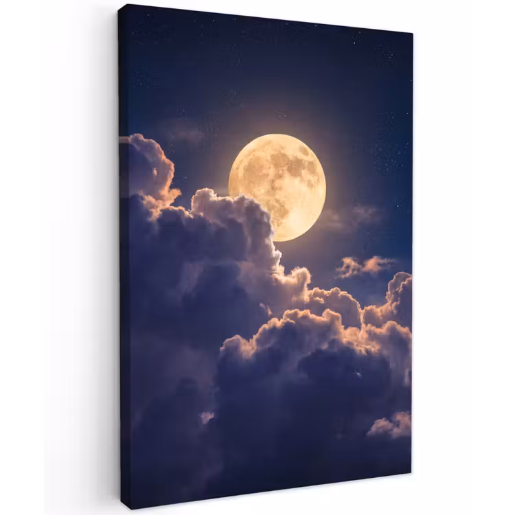 Maan - Wolken - Nacht - Oranje Tuinposter op houten frame 2 cm dik klein -3d