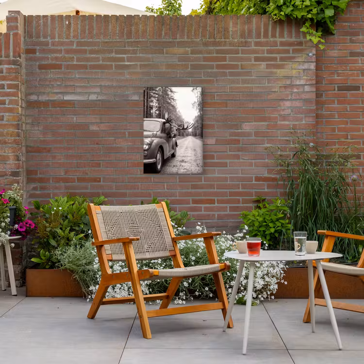 Eland - Auto - Gewei - Zwart - Wit Tuinposter op houten frame 2 cm dik klein -sfeer3