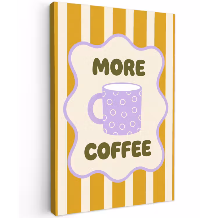 More coffee - Geel - Paars - Strepen - Mok Tuinposter op houten frame 2 cm dik klein -3d