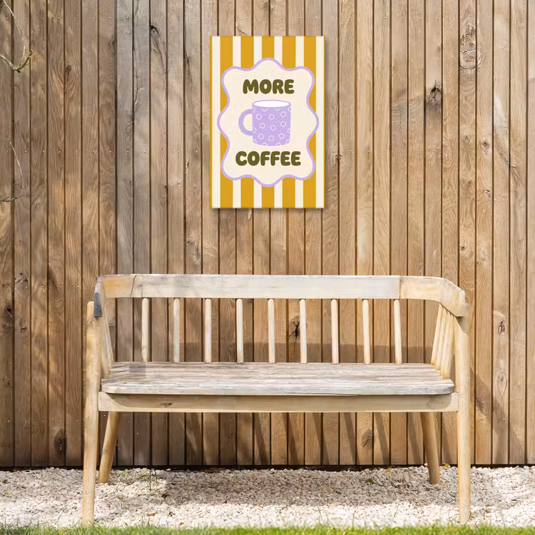 More coffee - Geel - Paars - Strepen - Mok Tuinposter op houten frame 2 cm dik klein -sfeer4
