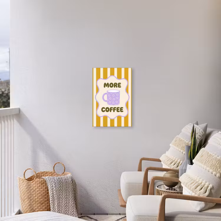 More coffee - Geel - Paars - Strepen - Mok Tuinposter op houten frame 2 cm dik klein -sfeer1