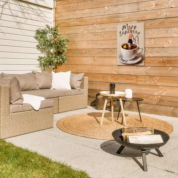 More espresso - Koffie - Eend Tuinposter op houten frame 2 cm dik klein -sfeer2