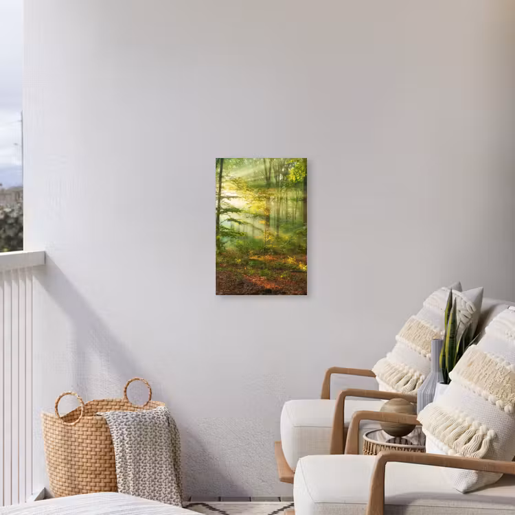Ochtendlicht in het bos Tuinposter op houten frame 2 cm dik klein -sfeer1