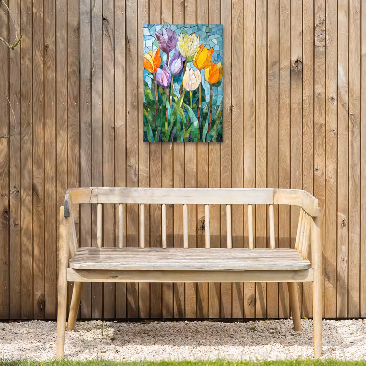 Mozaïek - Veld - Tulpen - Kleurrijk Tuinposter op houten frame 2 cm dik klein -sfeer4