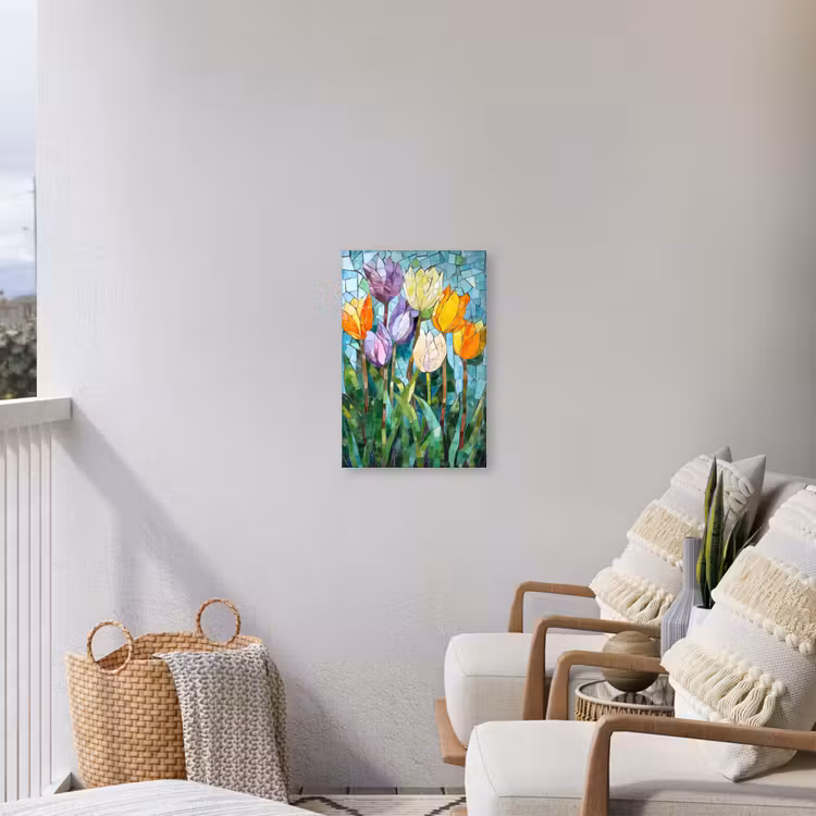 Mozaïek - Veld - Tulpen - Kleurrijk Tuinposter op houten frame 2 cm dik klein -sfeer1