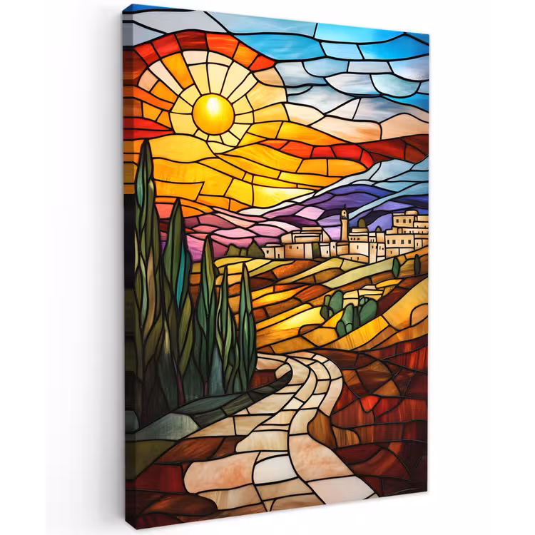 Mozaïek - Zon - Landschap - Dorp Tuinposter op houten frame 2 cm dik klein -3d
