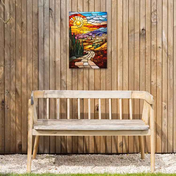 Mozaïek - Zon - Landschap - Dorp Tuinposter op houten frame 2 cm dik klein -sfeer4