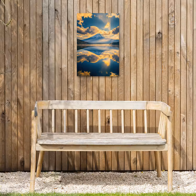 Berg - Rivier - Zonsondergang Tuinposter op houten frame 2 cm dik klein -sfeer4