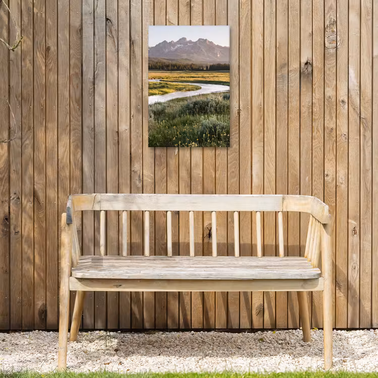 Berglandschap - Rivier - Bos Tuinposter op houten frame 2 cm dik klein -sfeer4
