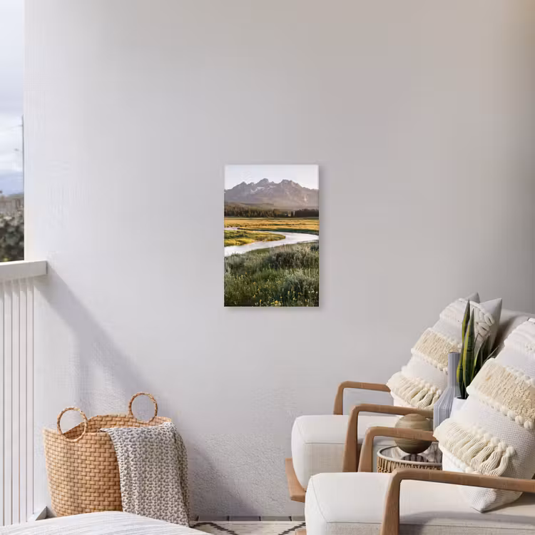 Berglandschap - Rivier - Bos Tuinposter op houten frame 2 cm dik klein -sfeer1