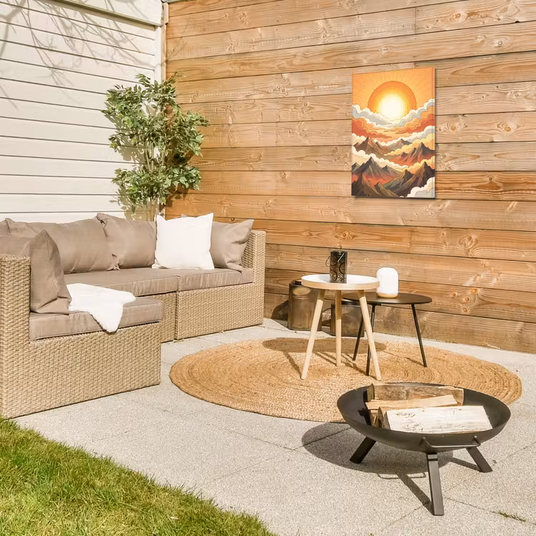 Bergen - Wolken - Natuur - Zonsopgang - Oranje Tuinposter op houten frame 2 cm dik klein -sfeer2