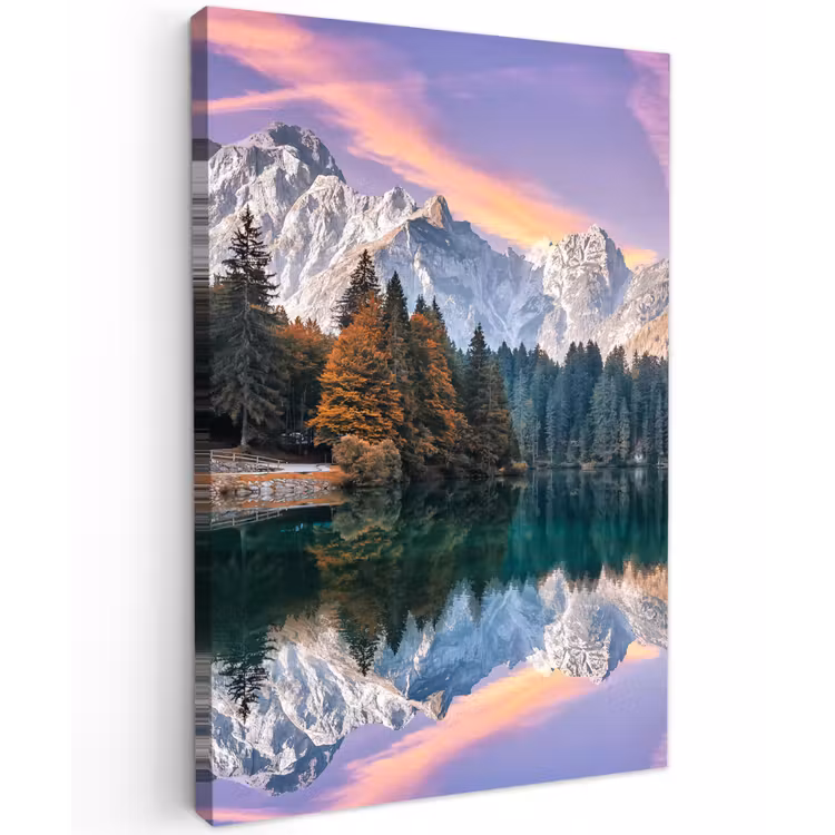 Bergen - Bos - Water - Lucht - Roze - Paars Tuinposter op houten frame 2 cm dik klein -3d